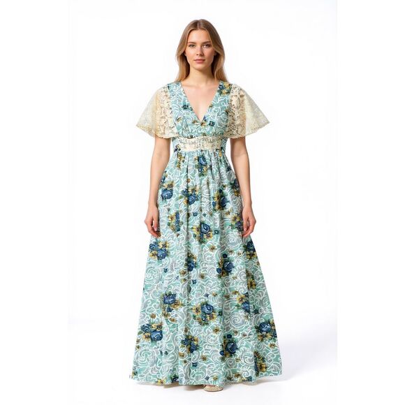 Vintage Made in California Floral Maxi Dress 70s Size 9 Lace Crochet Sleeve - Picture 1 of 16